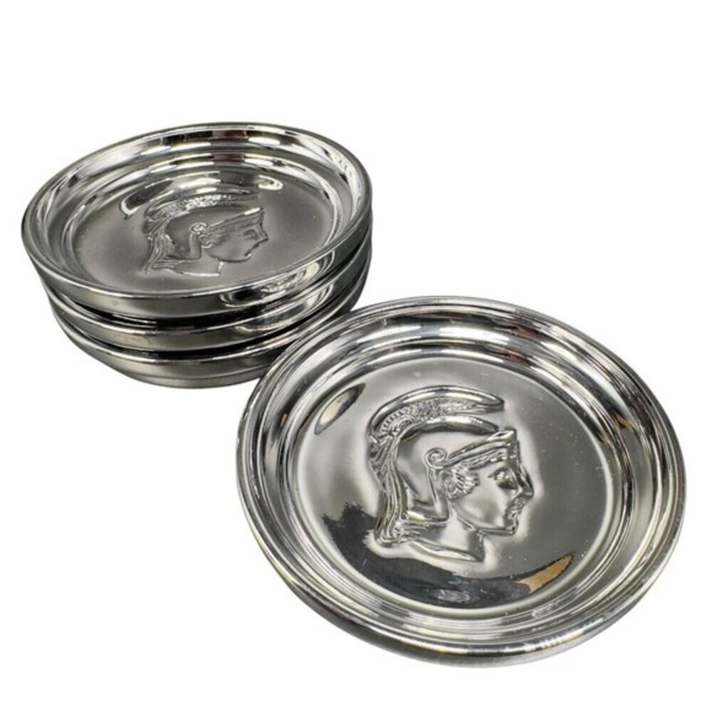 MCM Kimiko Silver Glass‎ Tone Metal Coasters Guardian Crest Barware Set 4 Japan